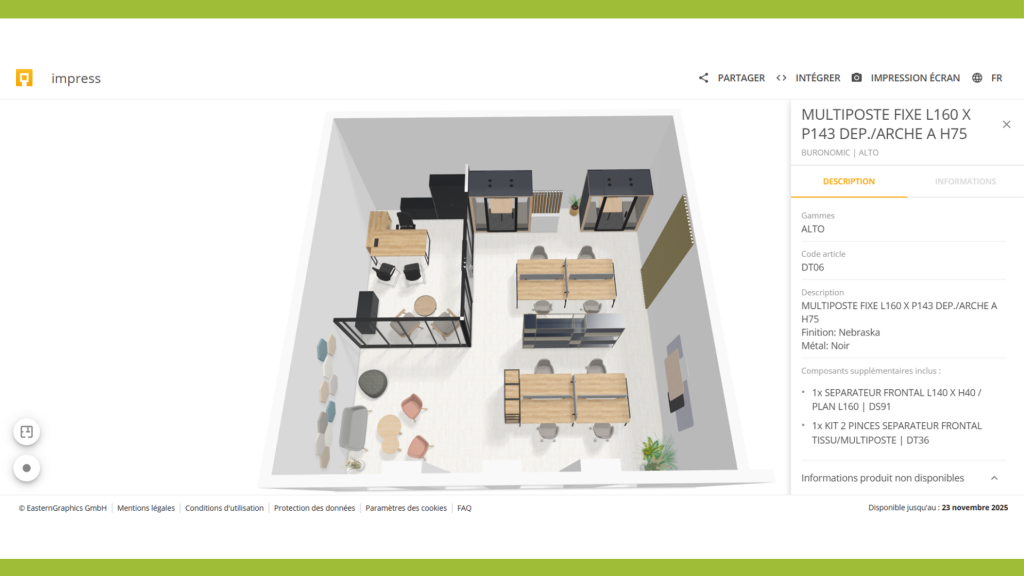 Présentation d’un projet 3D pCon.box visualisé dans Impress avec points d’information interactifs.