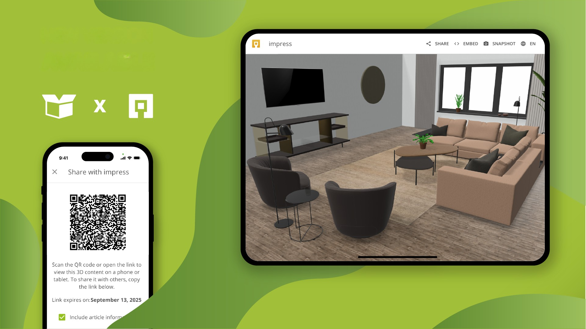 Interface Impress de pCon.box 3.18 affichant un smartphone avec QR code menant à un projet 3D interactif.