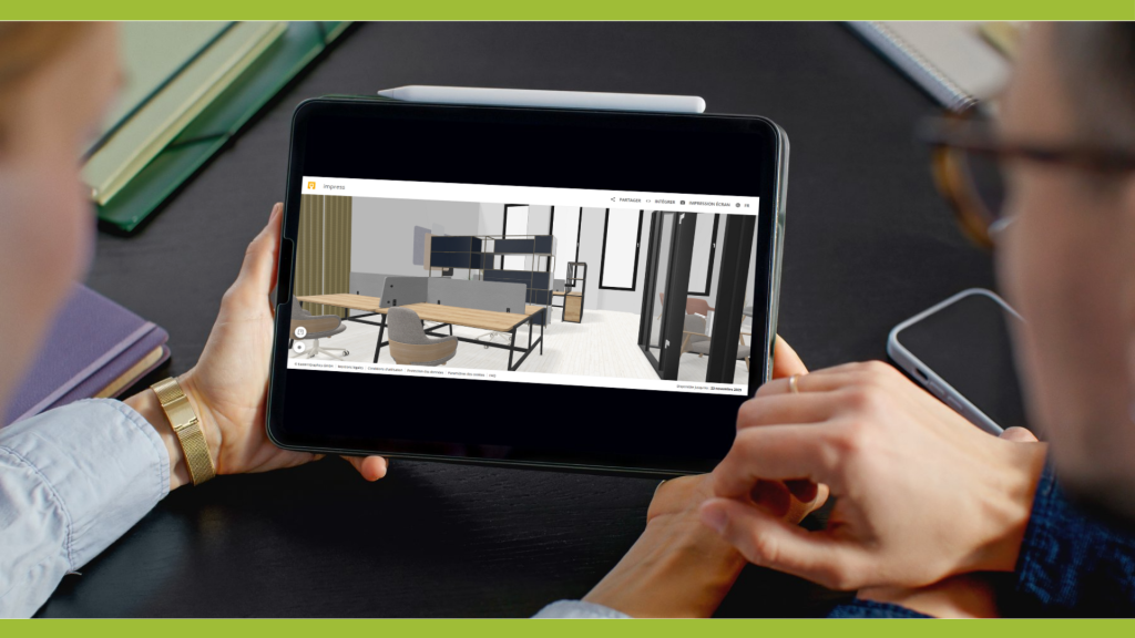 Un revendeur présente un projet d’aménagement sur pCon.box à un client grâce à Impress.