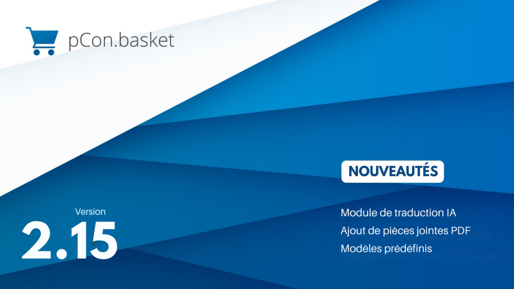 Visuel d’annonce des nouveautés pCon.basket 2.15 avec logo pCon.basket et fonctionnalités clés.