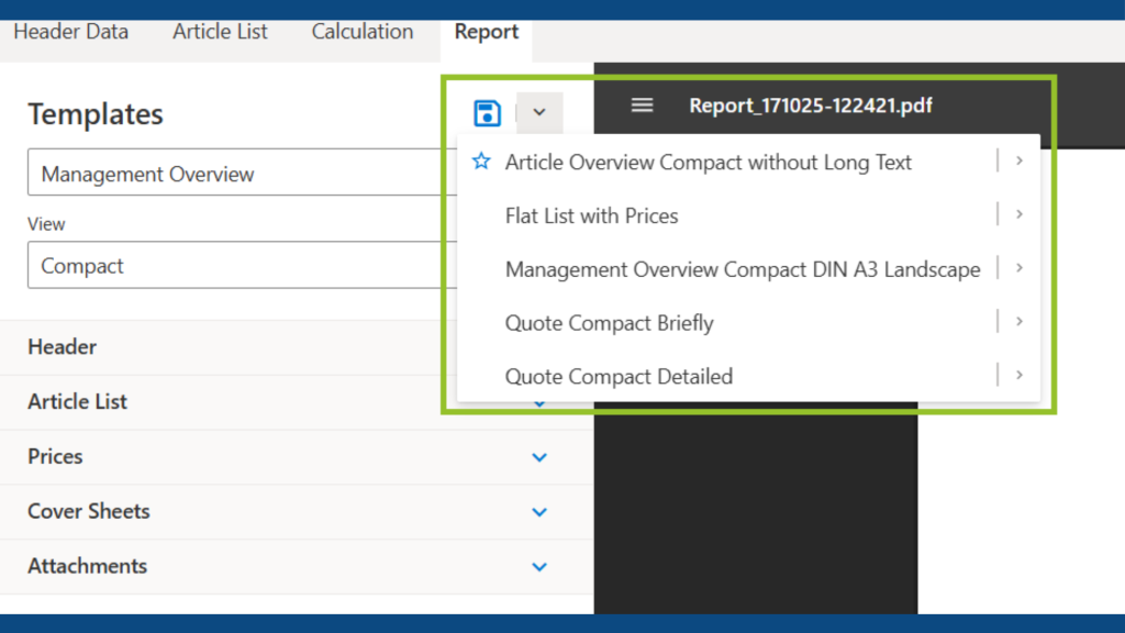Capture d’écran des nouveaux modèles de rapport disponibles dans pCon.basket 2.15.