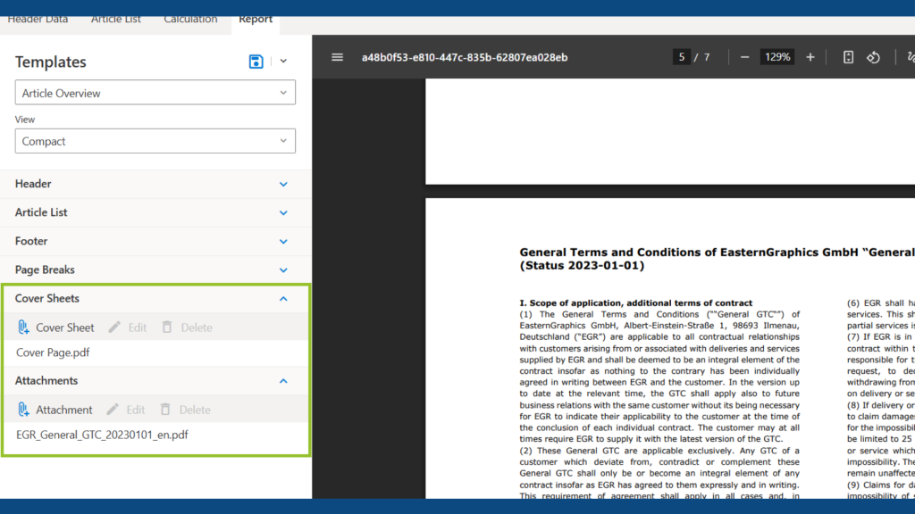 Capture d’écran de pCon.basket 2.15 montrant l’option pour ajouter des pièces jointes PDF dans un rapport.