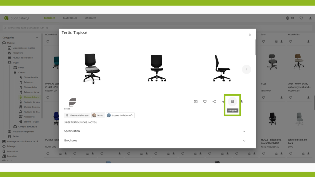 Exemple de modèle 3D détaillé dans pCon.catalog avec informations produit et options de configuration.