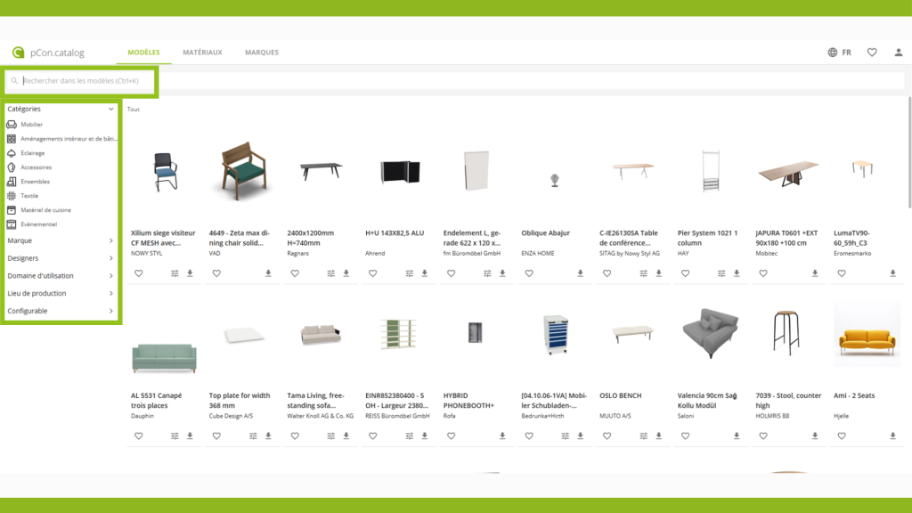 Interface de recherche de pCon.catalog 2.5 avec filtres par marque, collection et catégorie.