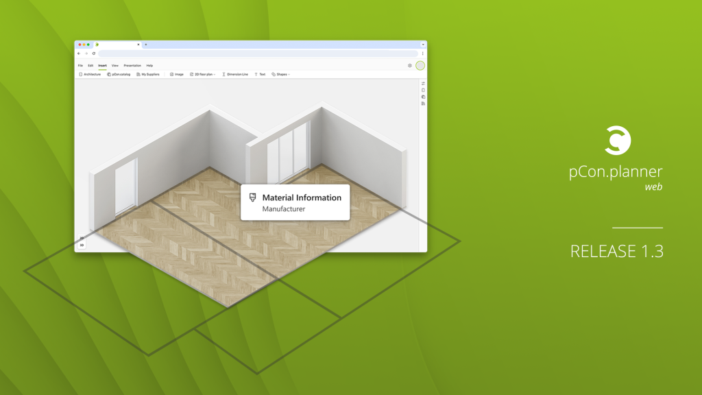 Interface de pCon.planner web 1.3 avec logo et maquette 3D sur fond vert.