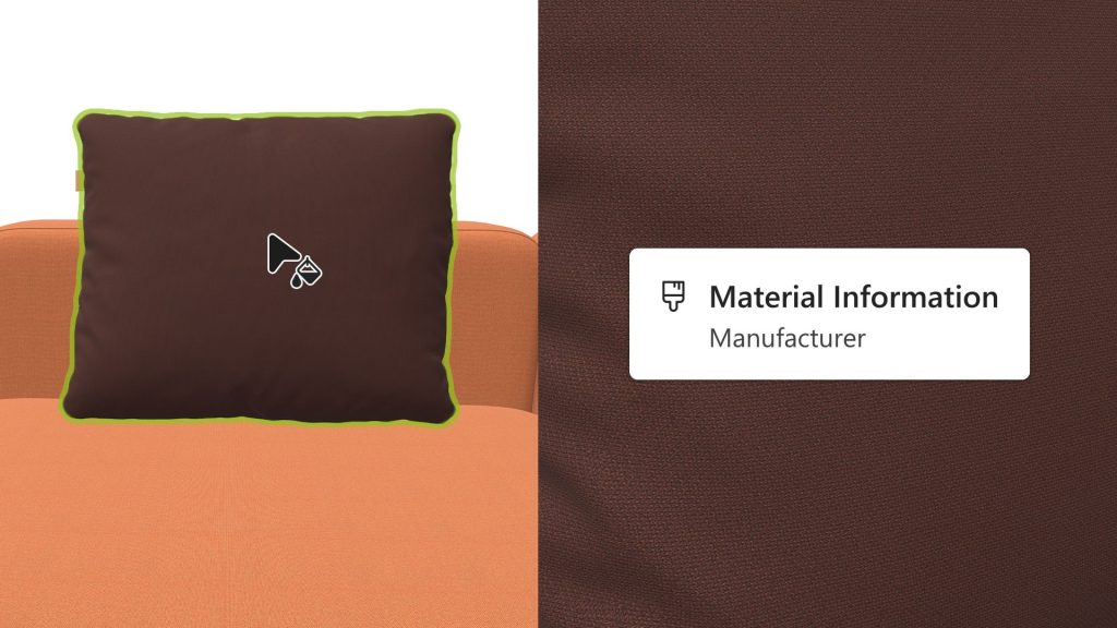 Capture d’écran montrant le zoom sur un matériau avec infobulle d’informations fabricant.