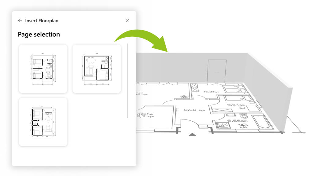 Capture d’écran de pCon.planner web montrant l’importation d’un plan PDF dans la fenêtre de conception.