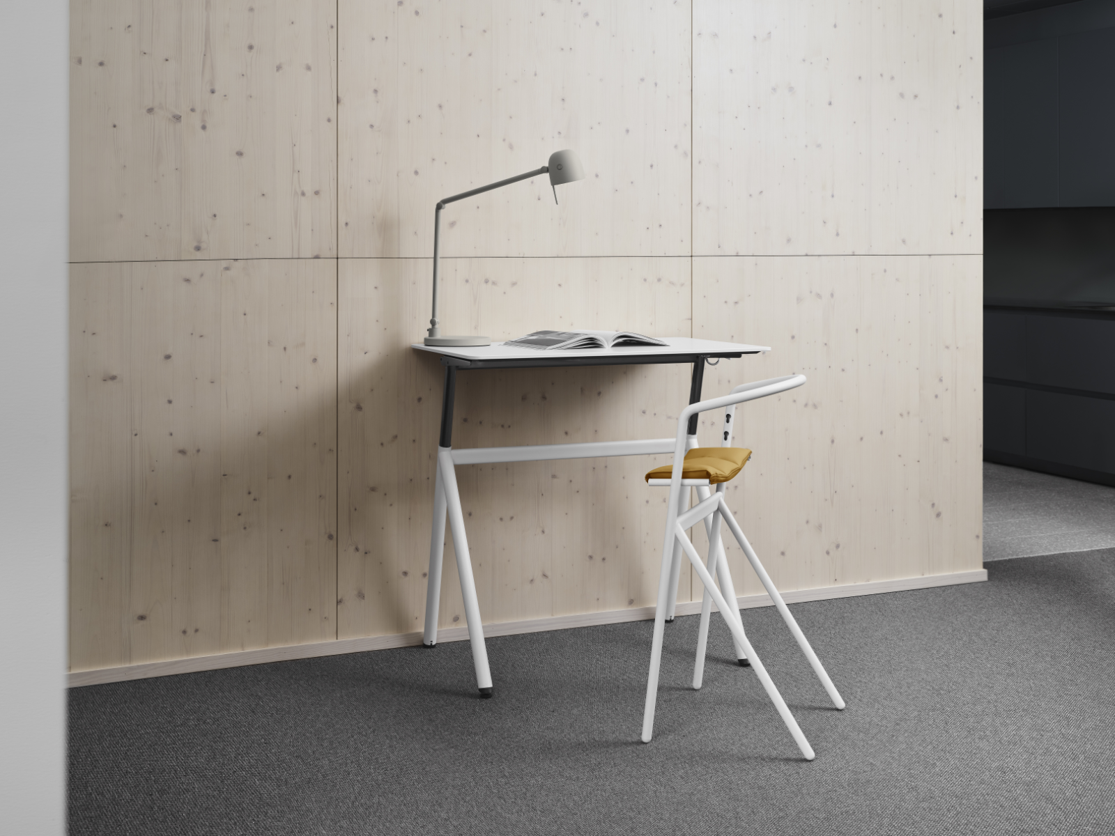 Matting Bureau met stoel en lamp erop in een lege ruimte
