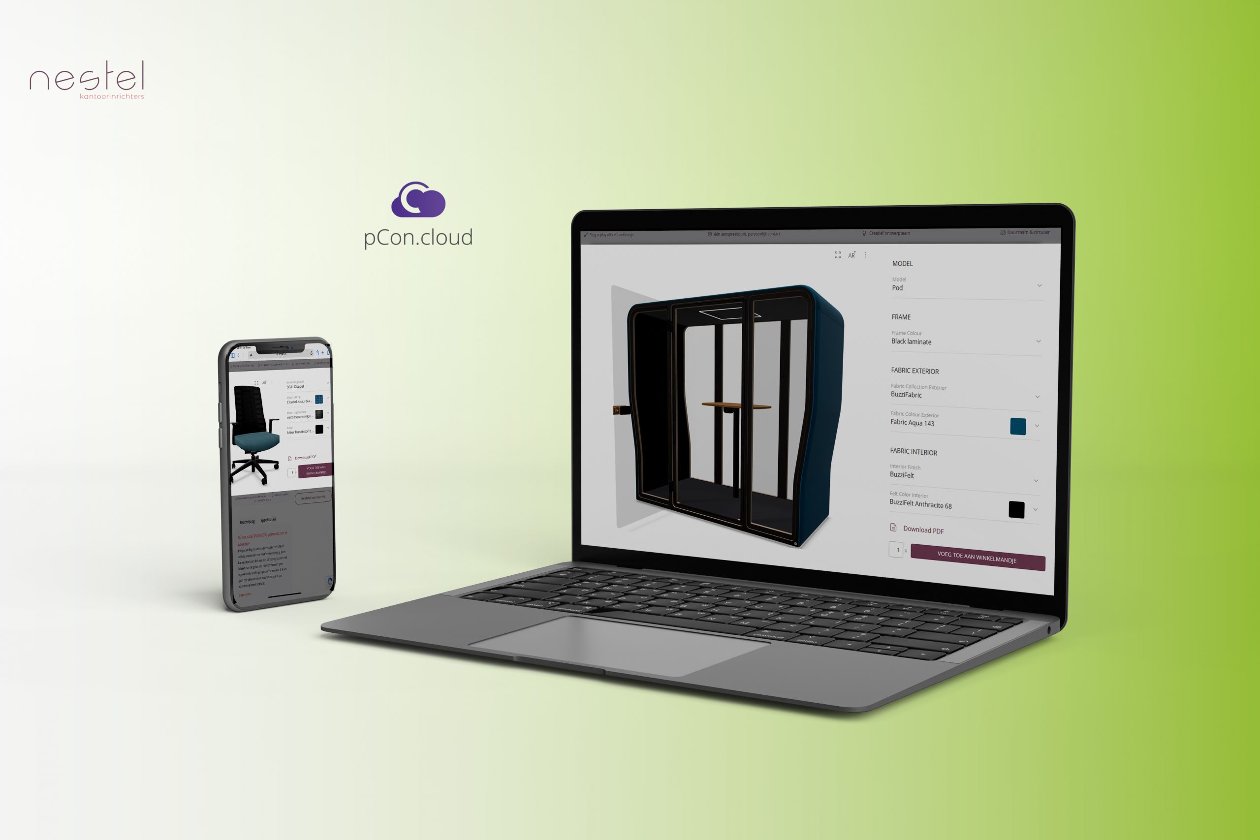 Nestel heeft pCon.cloud ingezet op hun website. Hier zie je twee mock-ups (telefoon en laptop) met daarin screenshot van hun omgeving en inzet pCon.cloud.