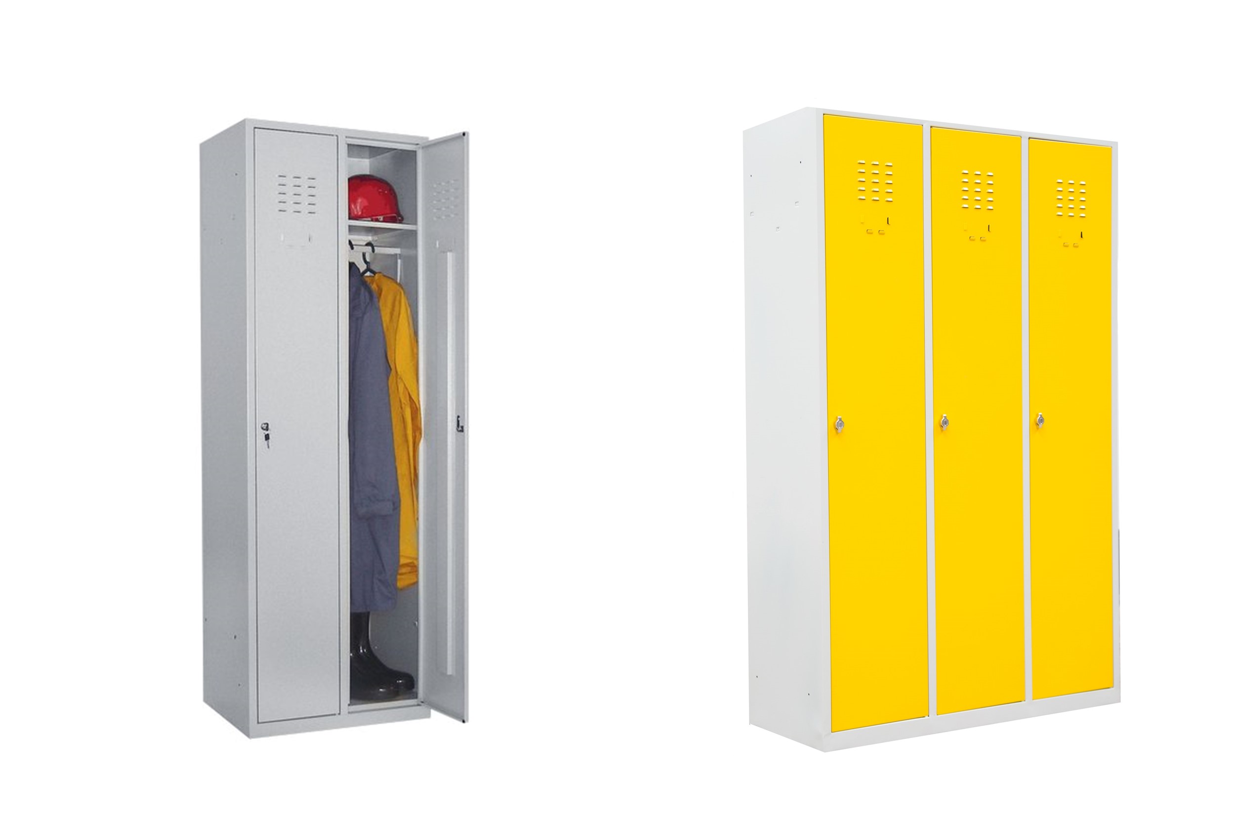 Een hoge locker waar spullen in gehangen kunnen worden in het geel en grijs.