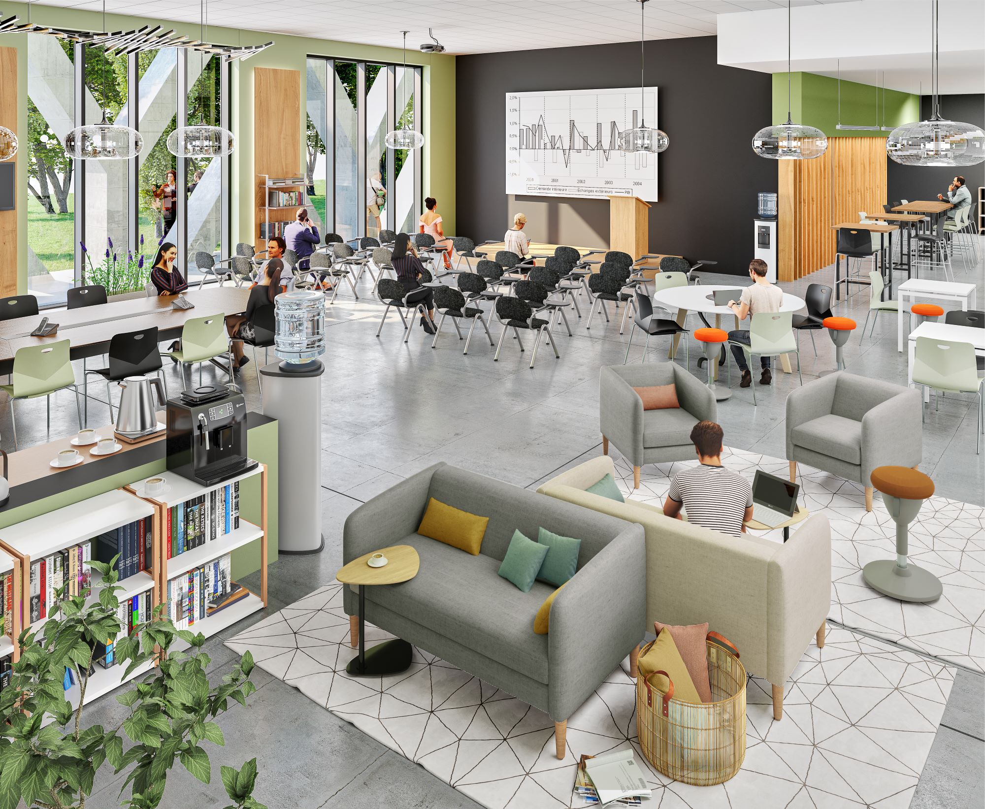 Soort grote sociale ruimte met verschillende tafels en stoelen en banken van OFFICEPRO SEATING