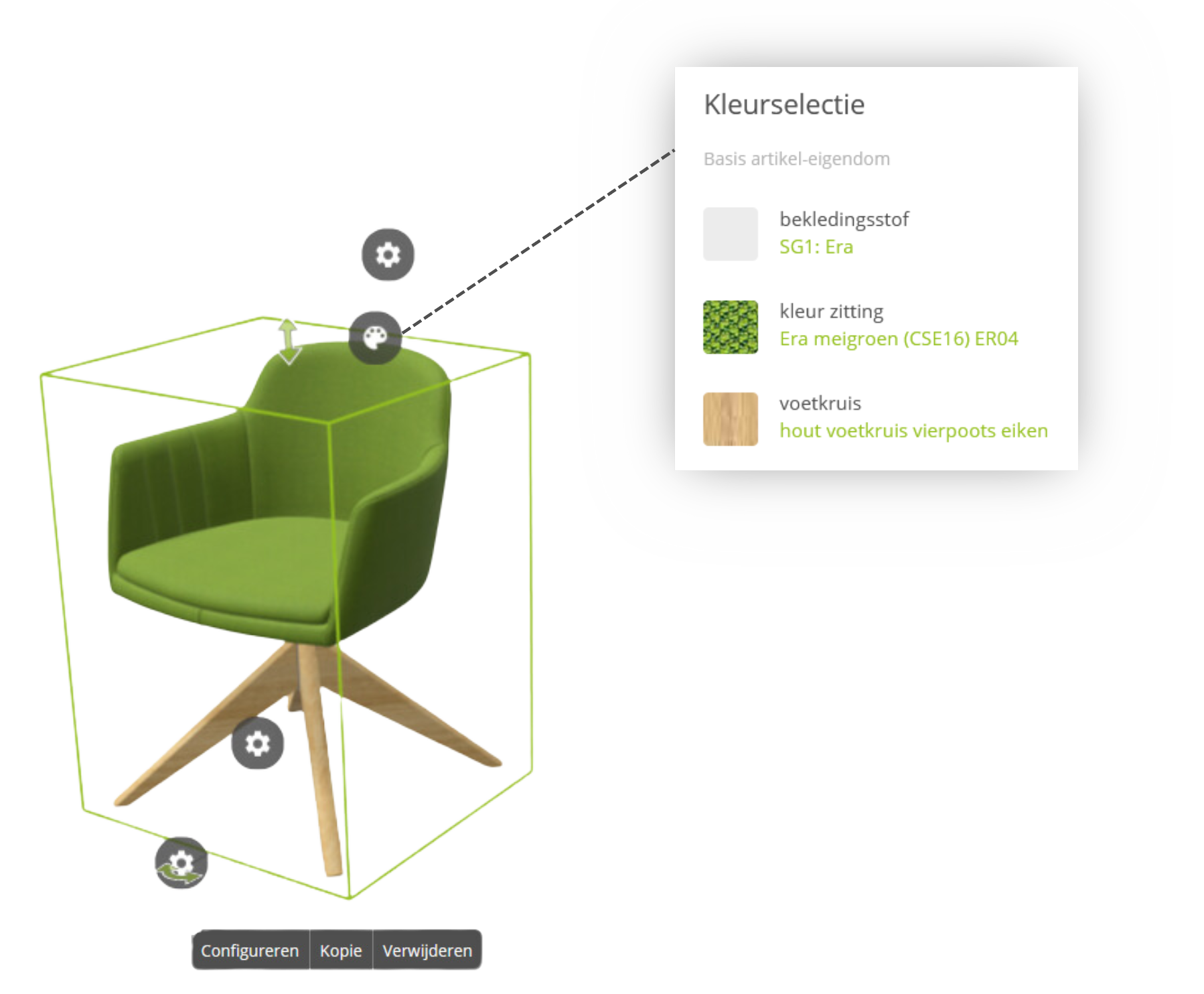 Groene stoel die geconfigureerd wordt.