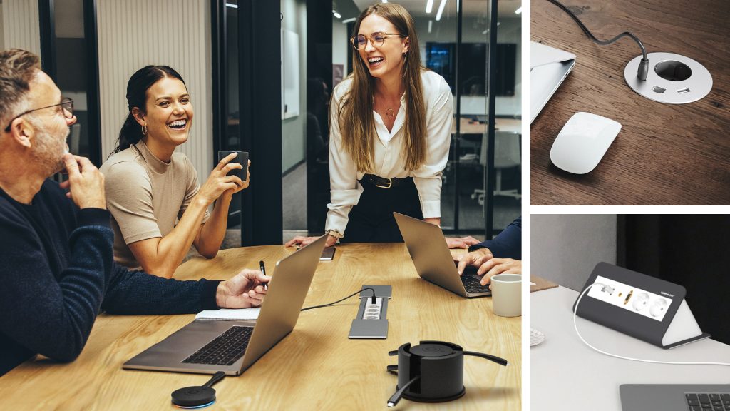 Mensen die rondom een tafel zitten met laptops en naar elkaar lachen met daarnaast twee afbeeldingen van oplaadstekers van Kindermann GmbH