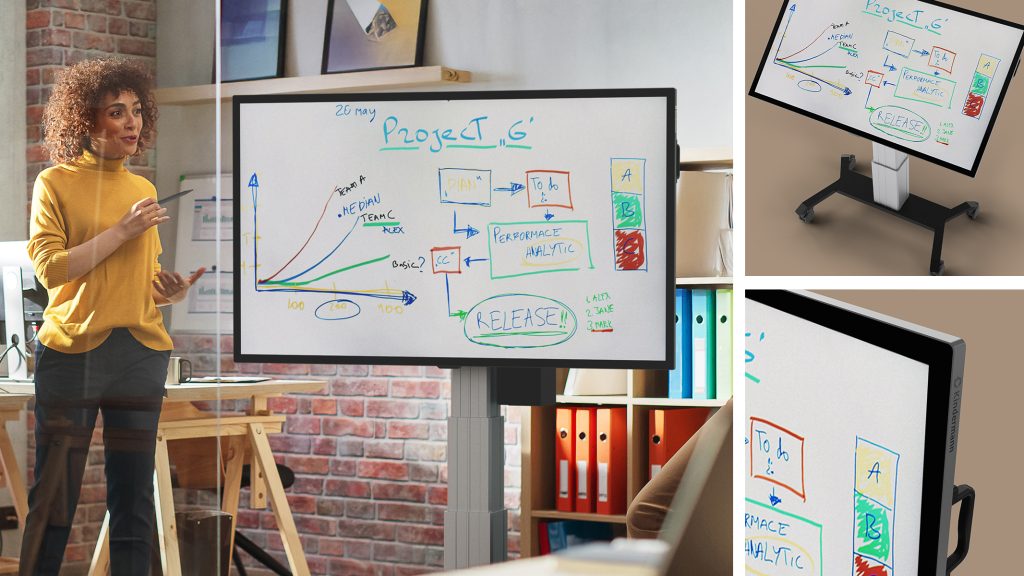 Afbeelding van een vrouw die een presentatie geeft met een whiteboard tv scherm van Kindermann GmbH