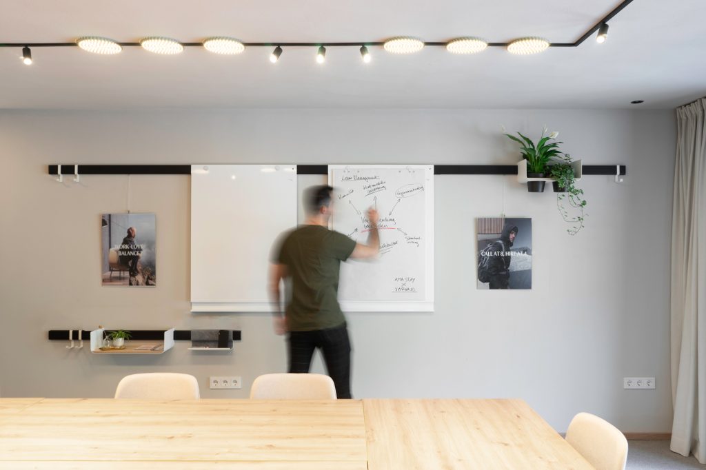 Kantoorruimte met grote tafel en man die voor een muurrail staat met whiteboard