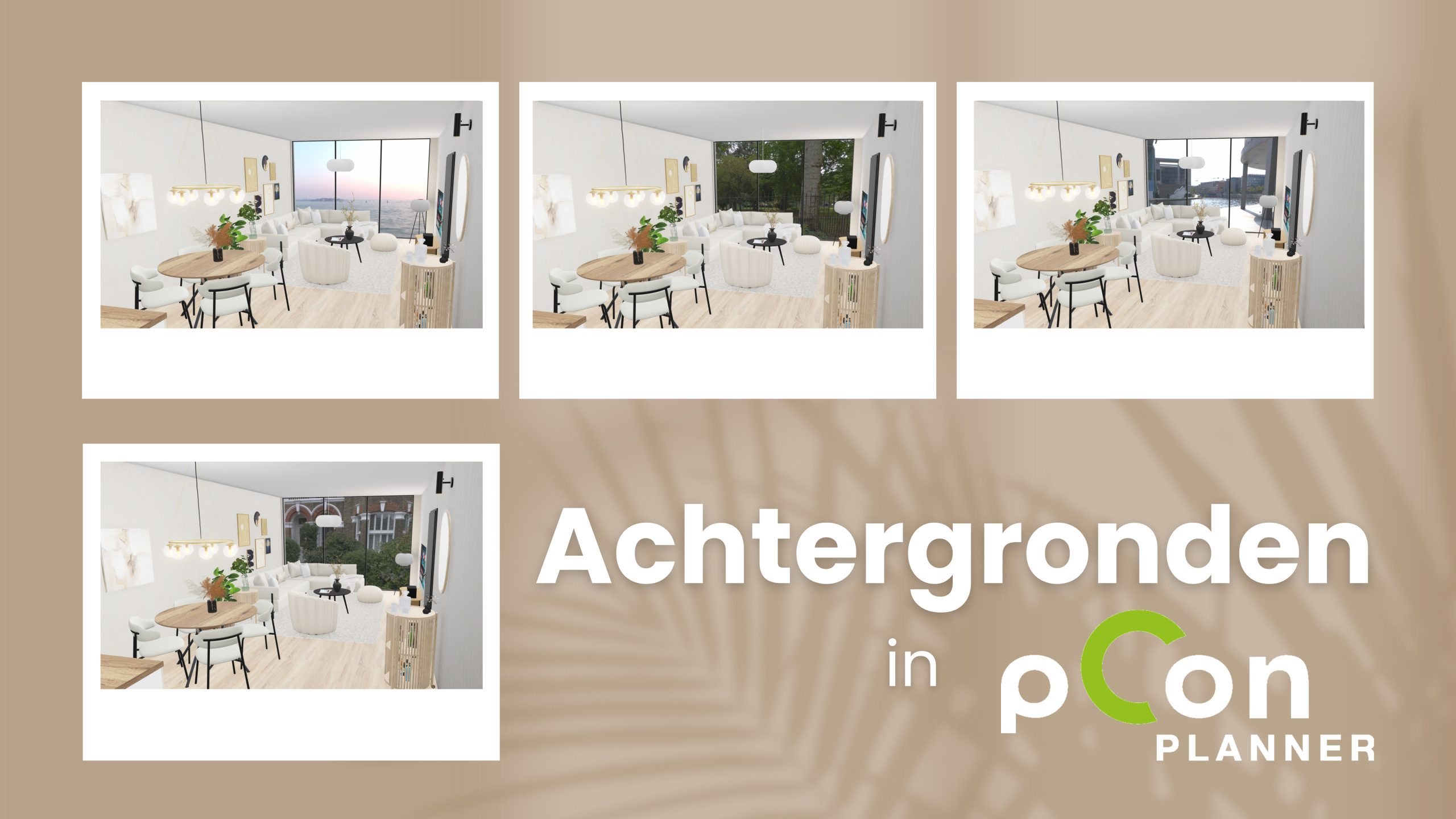 Afbeelding van verschillende achtergronden in pCon.planner waarmee je een fotorealistische render kunt maken.