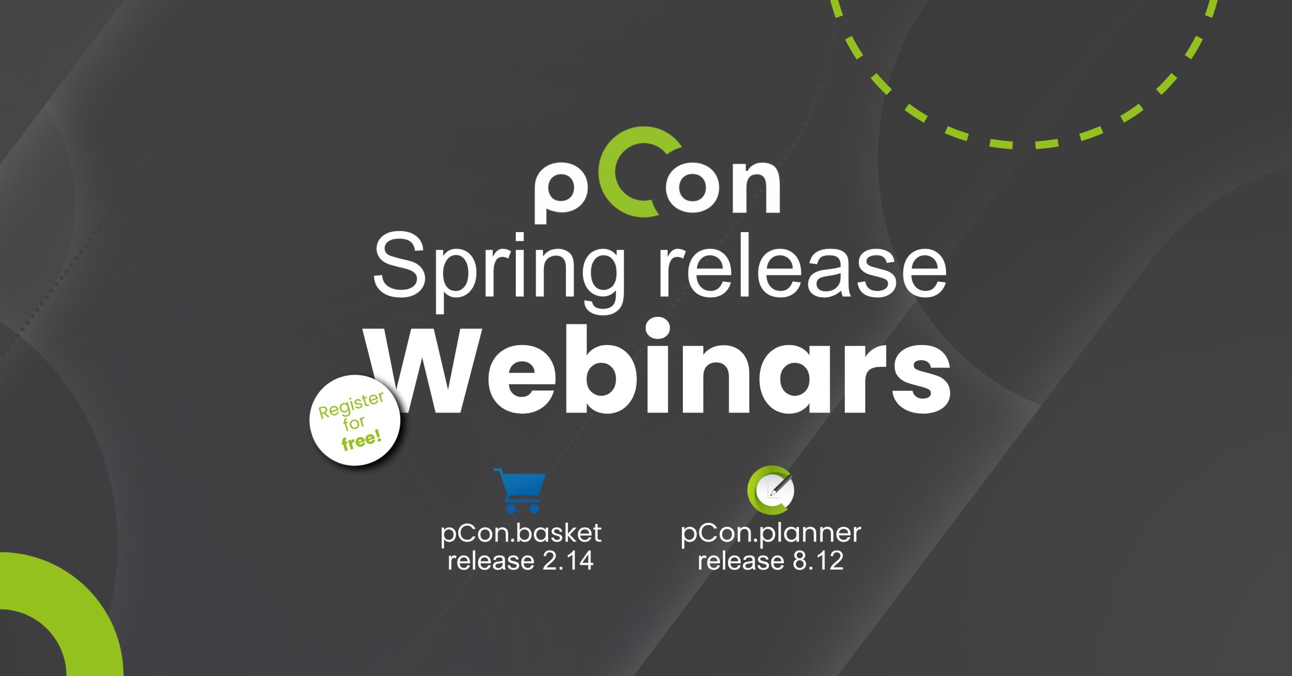 Promo afbeelding voor twee gratis webinars van pCon over de nieuwe lente releases van pCon.planner en pCon.basket