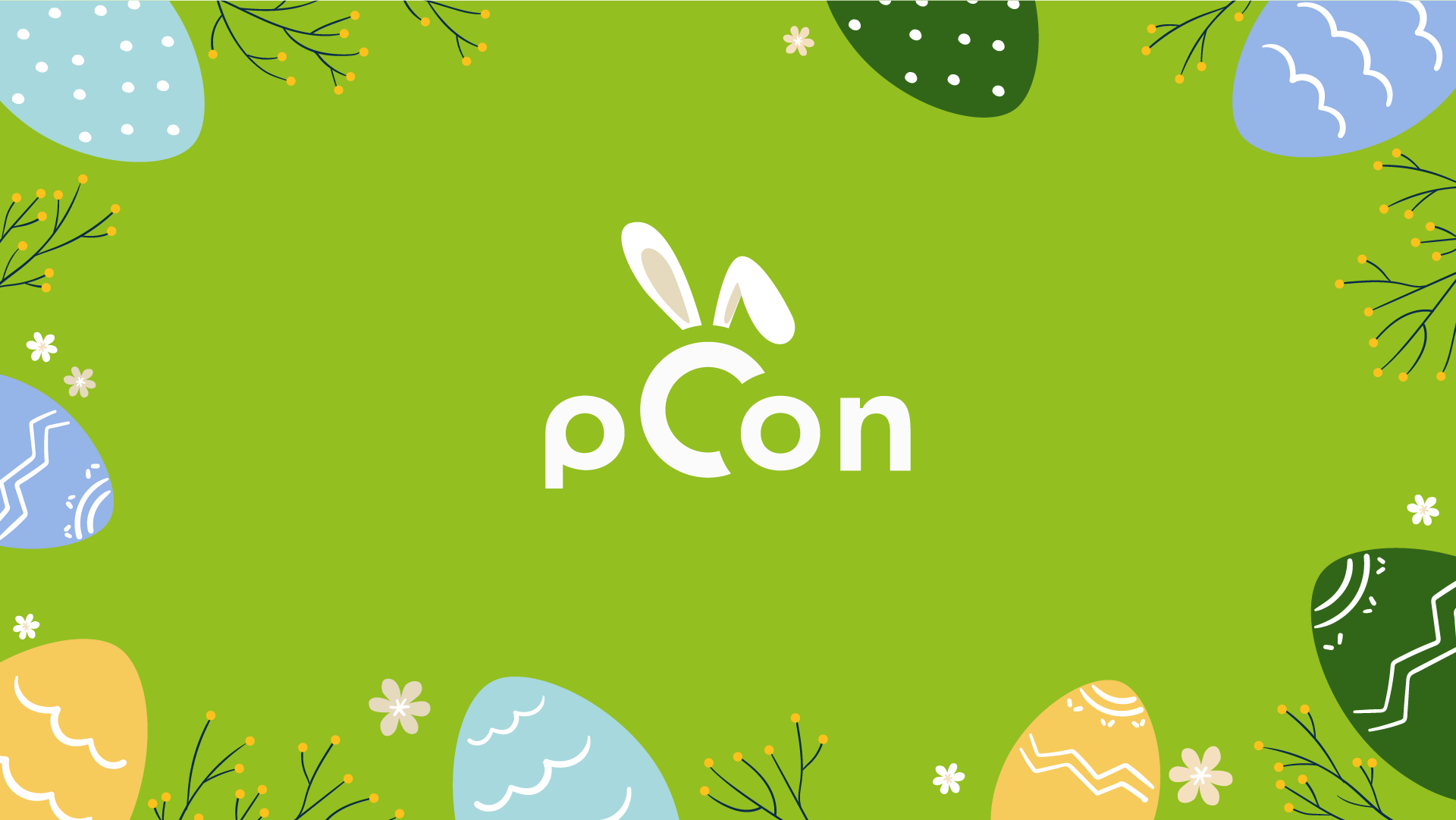 Vrolijk Pasen namens pCon! Een groene achtergrond met paaseieren en het logo van pCon met konijnoortjes.