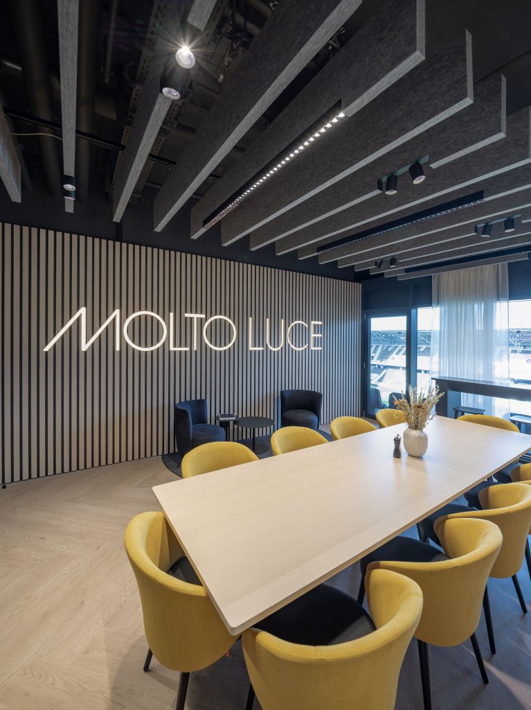 Kantoorruimte met vergadertafel, gele stoelen, plant en wand met verlichting van Molto Luce