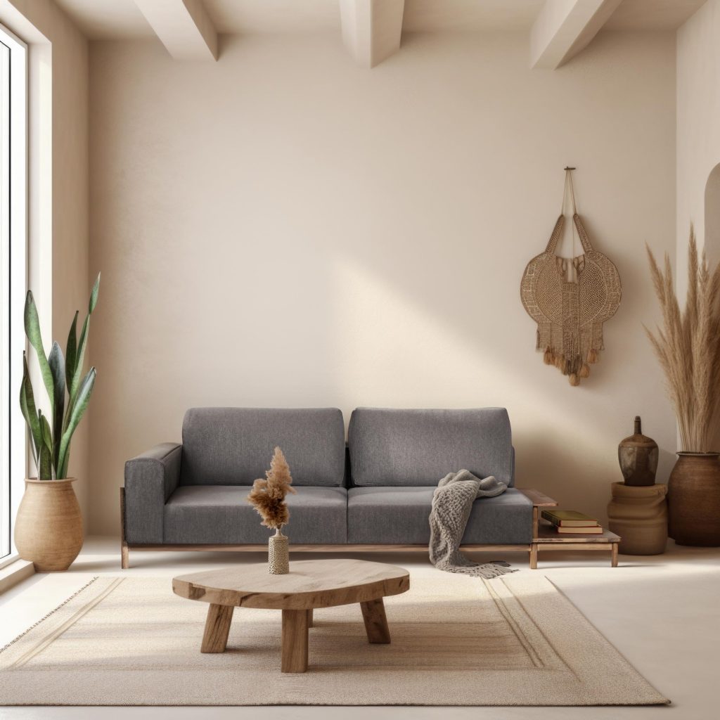 Witte ruimte met blauwe bank van scandicsofa, plant links, tapijt, bijzettafel en hangdecor rechts.