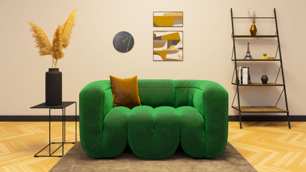 Woonkamer met een groene fluwelen bank en stellingkast.