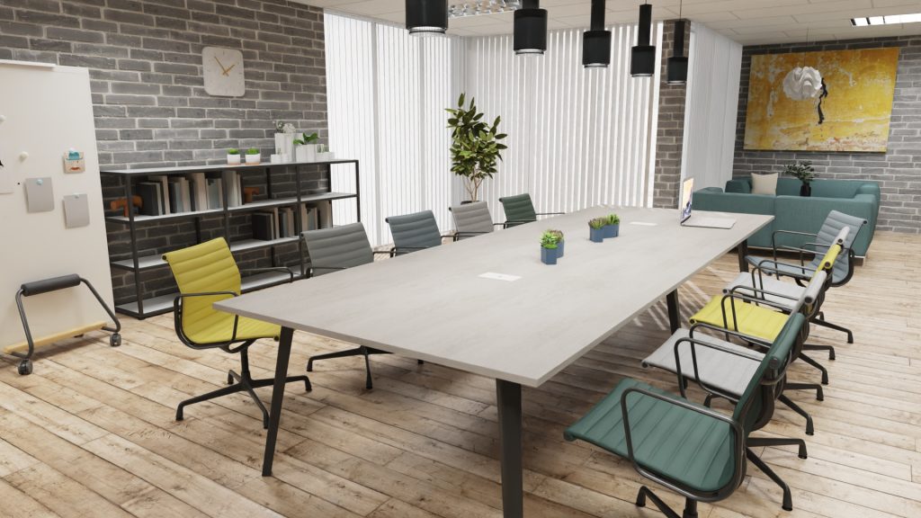 Render gemaakt in pCon.planner van een kantoor met lange vergadertafel en bureaustoelen