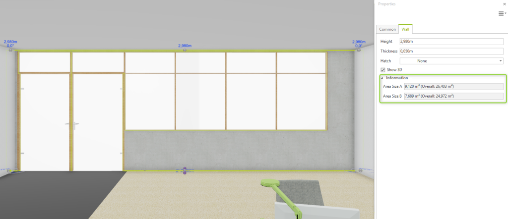 Screenshot van muuroppervlakte van pCon.planner in versie 8.12
