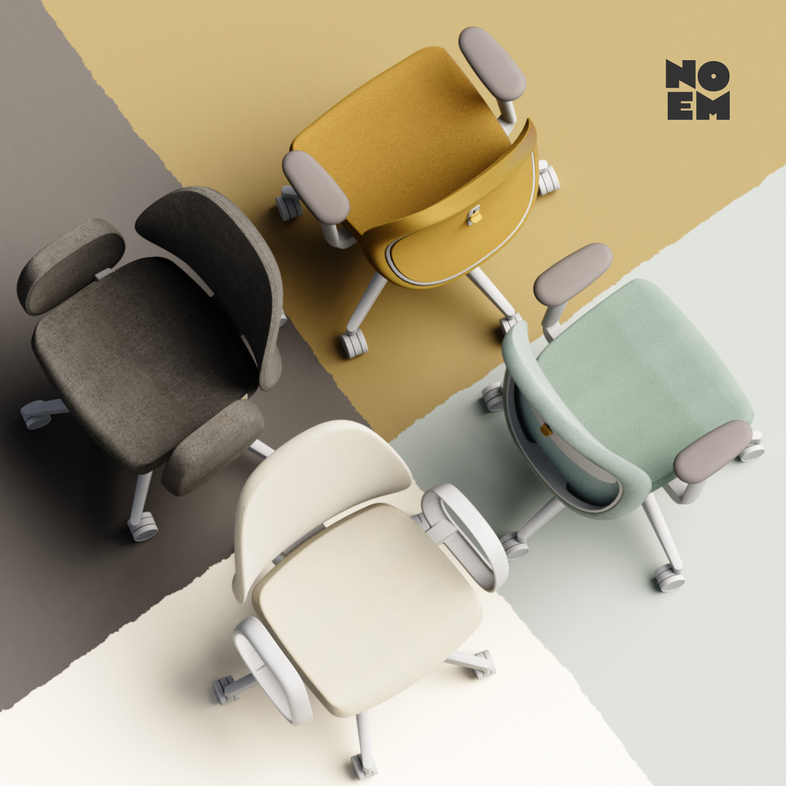 Vier stoelen van NO-EM, geel, grijs en blauw