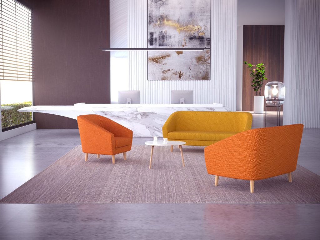 Ruimte met oranje bank en stoelen van SUNSET CRÉATION