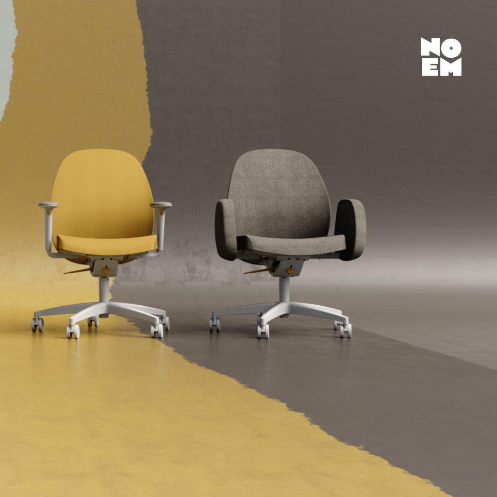 Twee stoelen van NO-EM, een gele en een grijze.