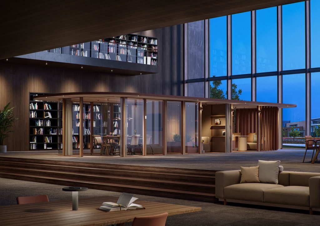Mooie villa met hoge ramen, boekenwand en meubels van Kettal