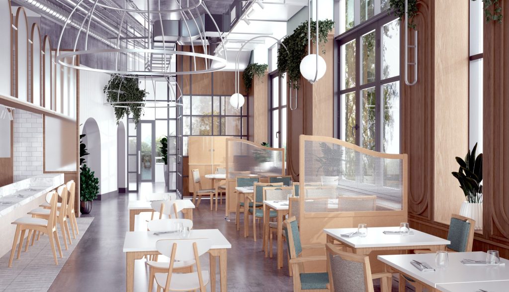 Beige restaurant ontwerp met meubels van SUNSET CRÉATION