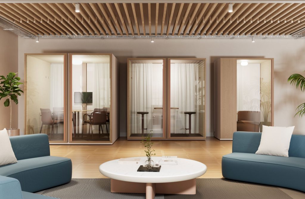 Moderne kantoorruimte met ruimtepods, stoelen, en bank van Kettal.