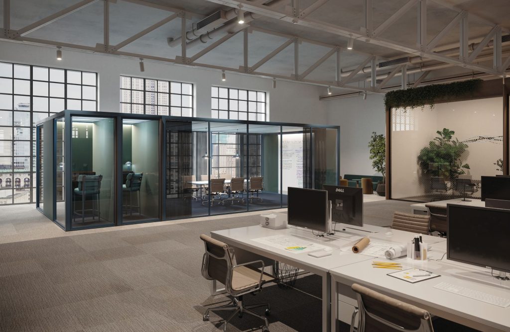 Grijze open kantoorruimte met hoge plafond, werkpods en bureau's van Kettal.