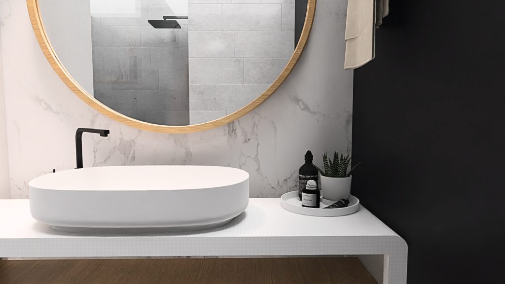 Details van de badkamer van een render van een hotelkamer