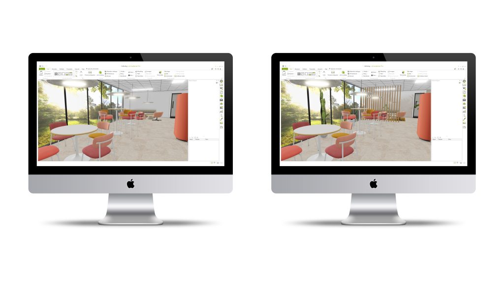 Voor en na mockup beeldschermen van pCon.planner tekeningen met en zonder woonaccessoires en decoraties.
