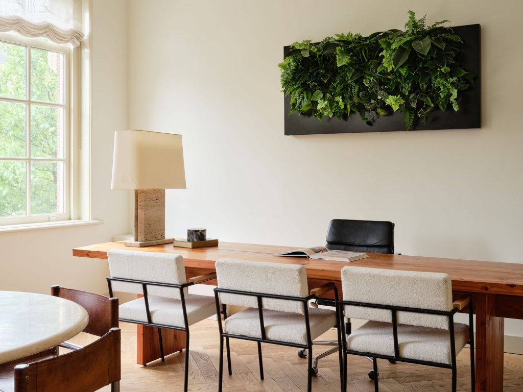 Lange eettafel met stoelen en witte wand met plantenframe