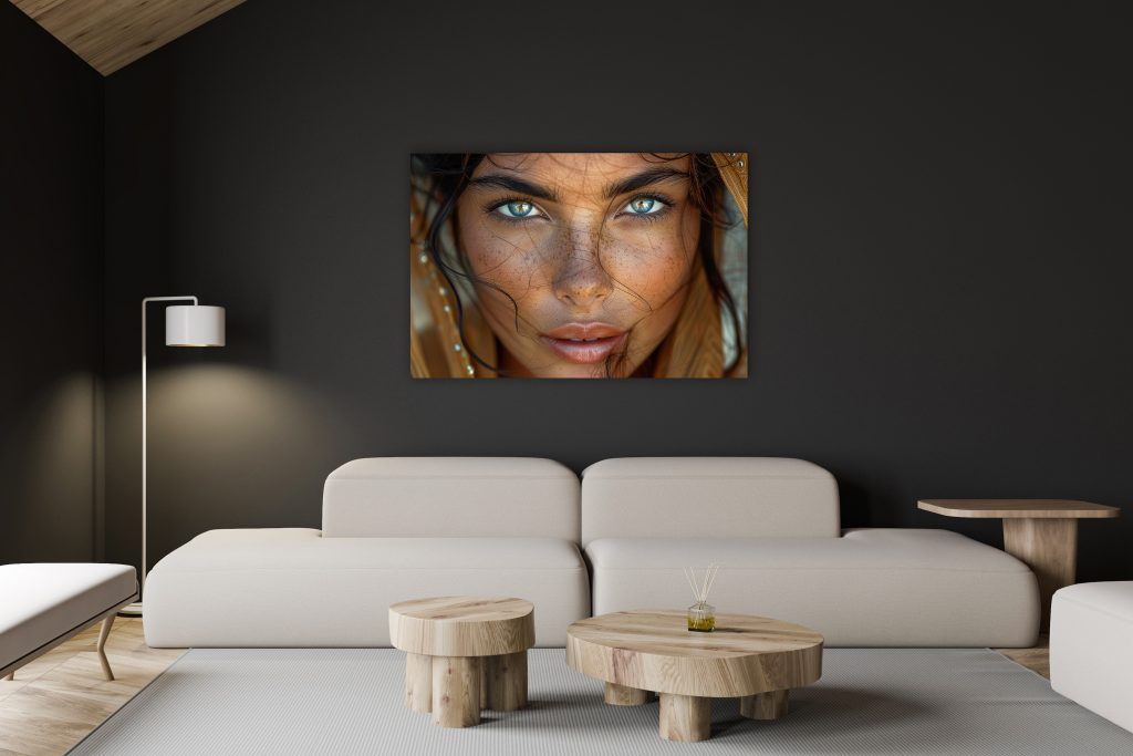Woonkamer met bank, ronde houten tafels en lamp met daarboven een print van een dame.