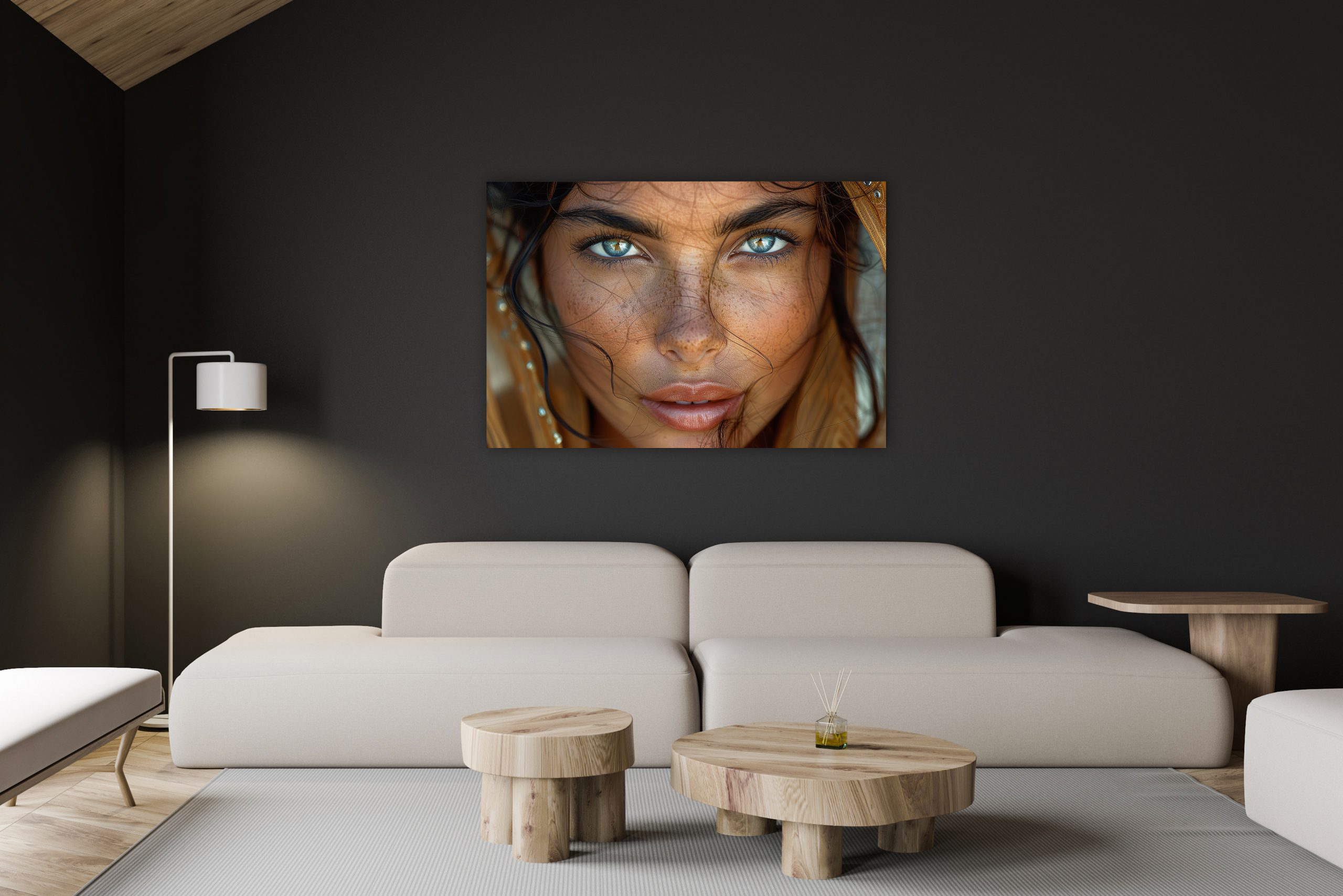 Woonkamer met bank, ronde houten tafels en lamp met daarboven een print van een dame.