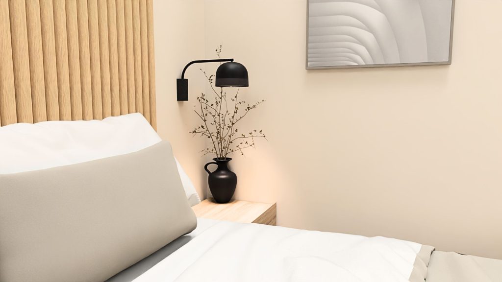 Een hotelkamer render met warm licht. De camera-hoek is goed gepositioneerd waardoor fotorealistische renders kunnen worden gemaakt.