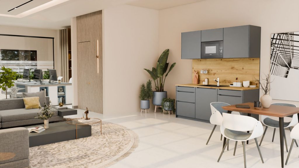Render of a modern light kitchen in an open appartment.