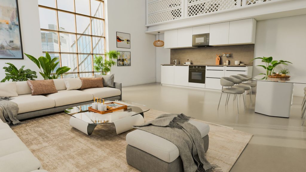 Interieur met een open vloerplan met keuken en woonkamer in een.