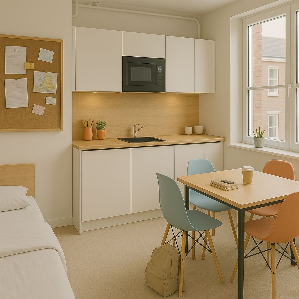 Render van een klein hotelkamer met keuken, eettafel en bed.