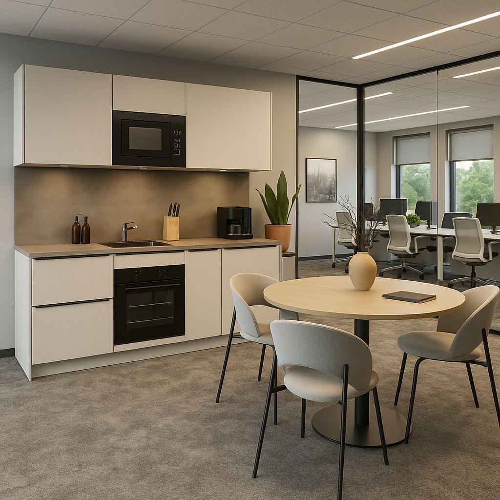 Render van een moderne witte kantoorkeuken van fabrikant vabo