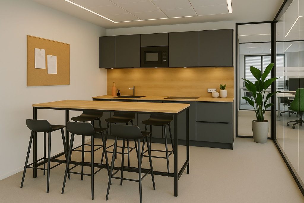 Lange grijze keuken in een kantoor met houten achterblad en bijpassend lange tafel met barkrukken