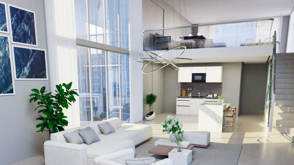 Render van een wit dubbellaagse appartement met open keuken van Duitse fabrikant, vabo en woonkamer