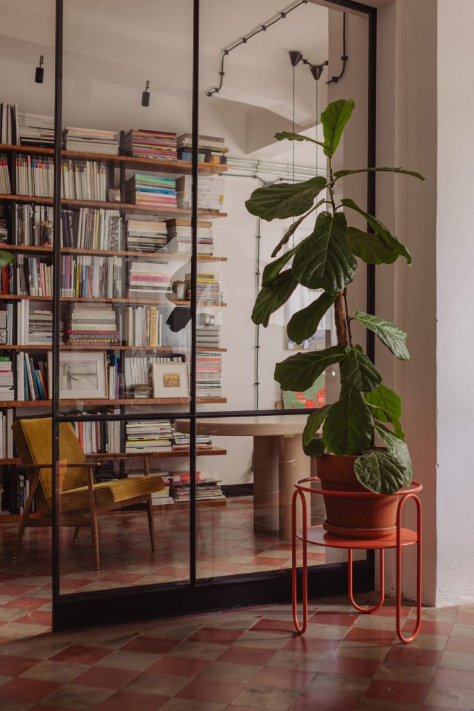 Zijaanzicht van een wand van glas met daarachter een thuisbibliotheek en plant.