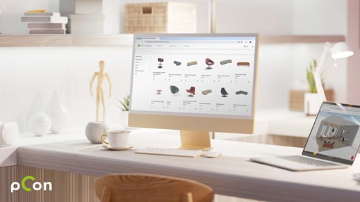 Mock-up afbeelding van pCon.catalog en pCon.planner, software voor de interieurbranche waar je gratis 3D-modellen kunt downloaden en een interieurtekening maken.