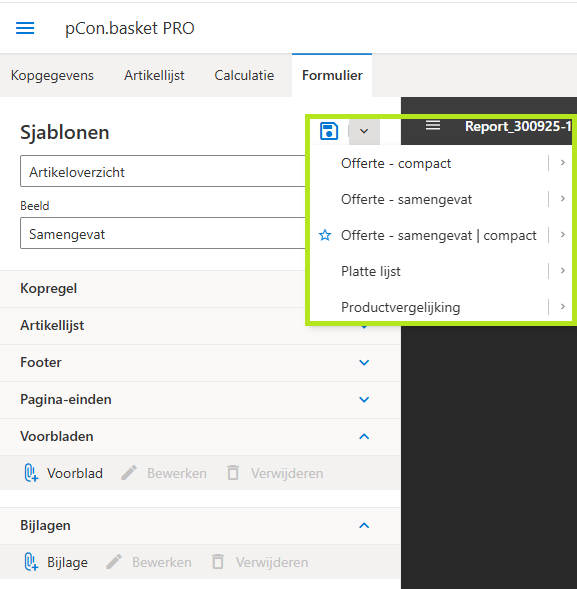 Screenshot van de niewue voorgedeinieerde formulierinstellingen in pCon.basket