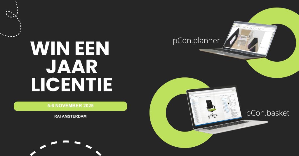 Promo om een jaar licentie te winnen tijdens Workspace Design Show Amsterdam 2025 voor pCon.planner of pCon.basket.